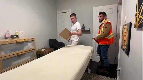 Construction guy gets deep massage treatment by new masseur